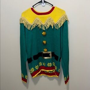 Vibrant Holiday Sweater with Fringe Accents